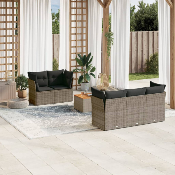 Set de muebles de jardín 6 pzas y cojines ratán sintético gris D