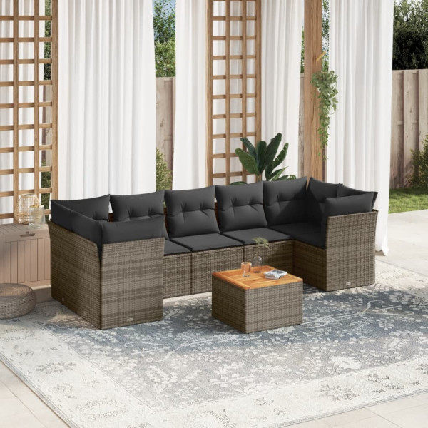 8 pcs conjunto sofás de jardim c/ almofadões vime PE cinzento D