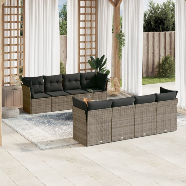 Set de muebles de jardín 9 pzas y cojines ratán sintético gris D