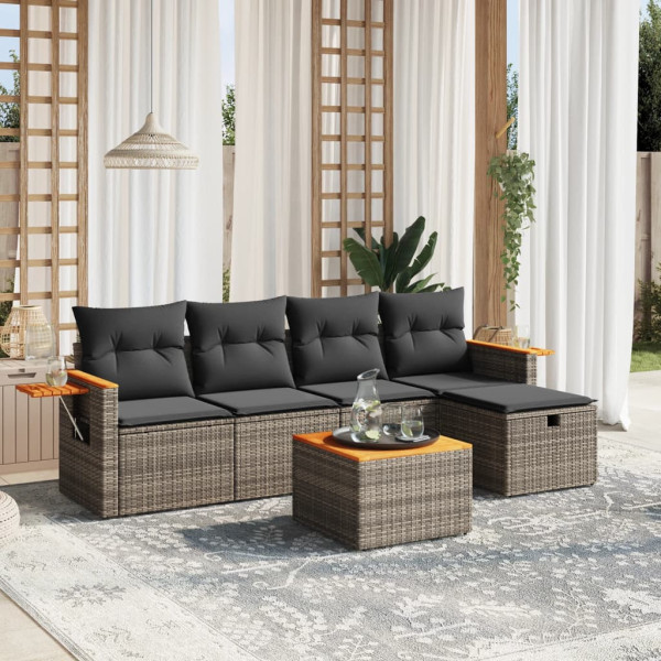 Set de muebles de jardín 6 pzas y cojines ratán sintético gris D