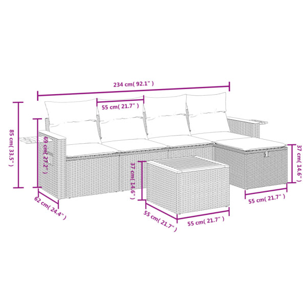 Set de muebles de jardín 6 pzas y cojines ratán sintético gris M 3