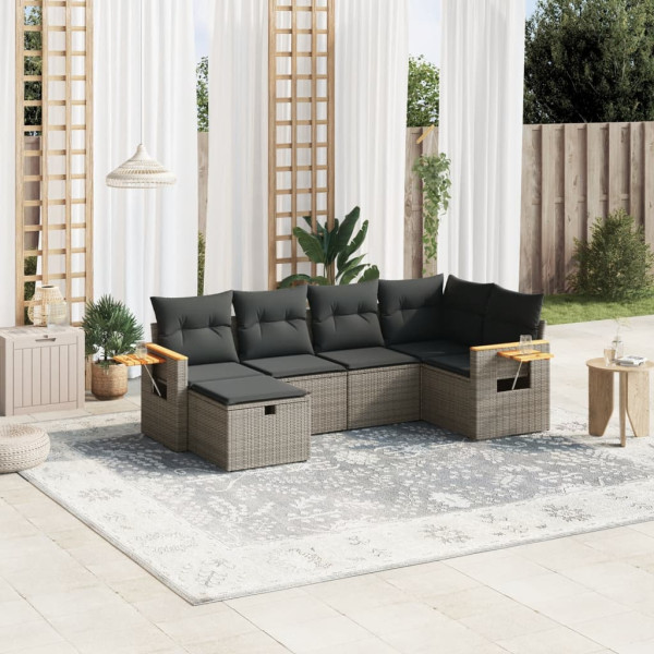 Set de muebles de jardín 6 pzas y cojines ratán sintético gris D