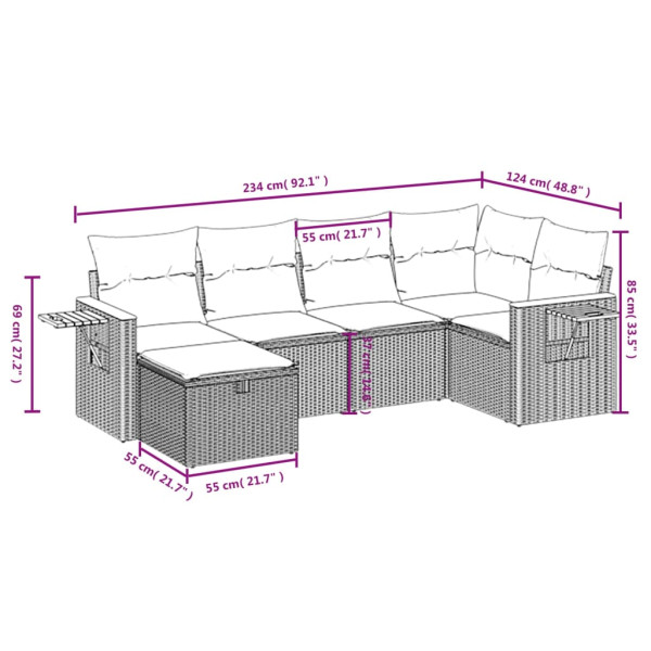 Set de muebles de jardín 6 pzas y cojines ratán sintético gris M 3