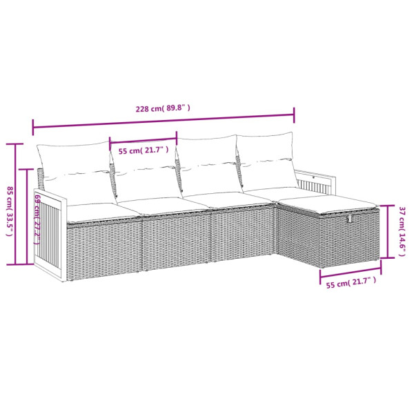 Set de muebles de jardín 5 pzas y cojines ratán sintético negro M 3