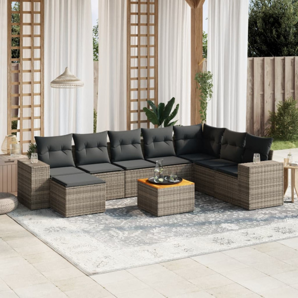 Set de muebles de jardín 9 pzas y cojines ratán sintético gris D