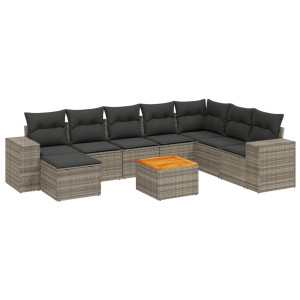9 pcs conjunto sofás p/ jardim com almofadões vime PE cinzento H