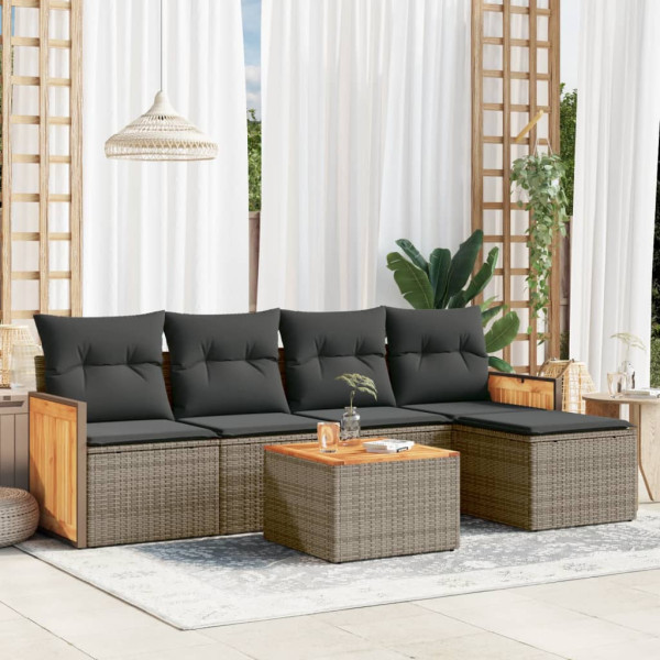 6 pcs conjunto sofás de jardim com almofadões vime cinzento D