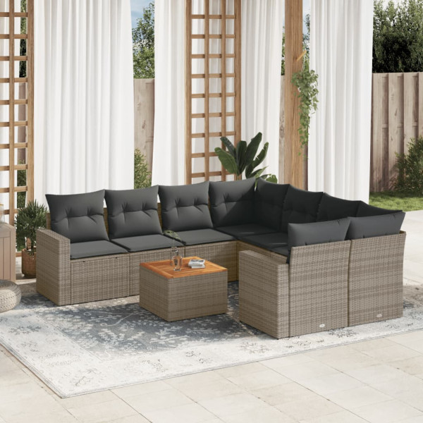 Set de muebles de jardín 9 pzas y cojines ratán sintético gris D