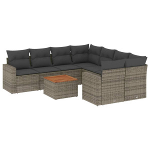 9 pcs conjunto sofás p/ jardim com almofadões vime PE cinzento H