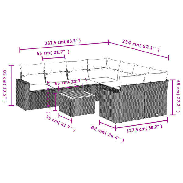 Set de muebles de jardín 9 pzas y cojines ratán sintético gris M 3