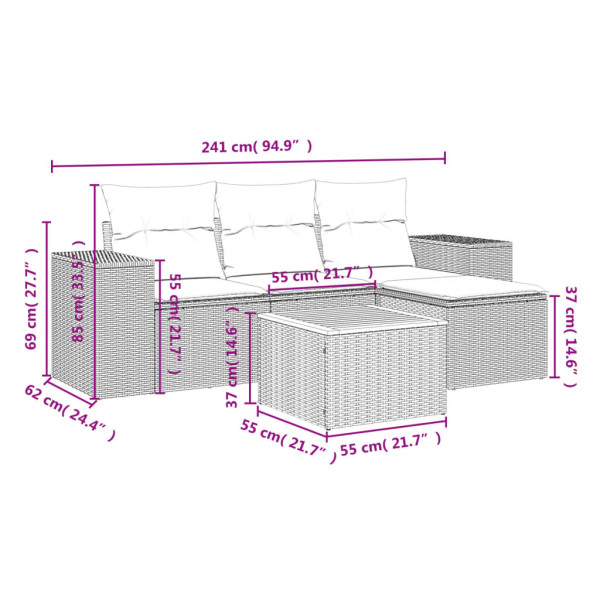 5 pcs conjunto sofás de jardim com almofadões vime PE preto M 3