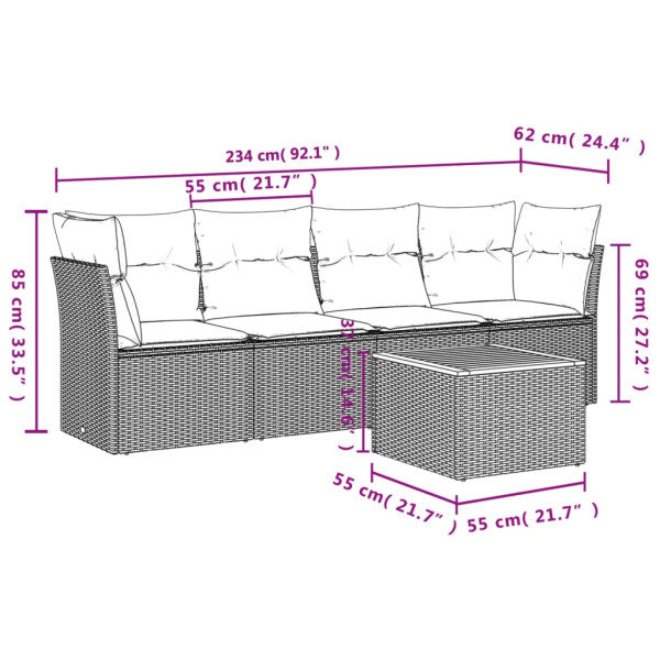 5 pcs conjunto sofás de jardim com almofadões vime PE preto M 3