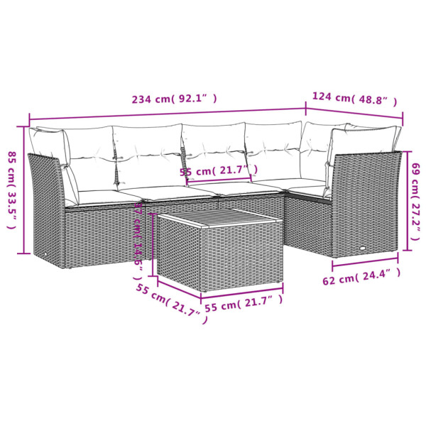 Set de muebles de jardín 6 pzas y cojines ratán sintético gris M 3