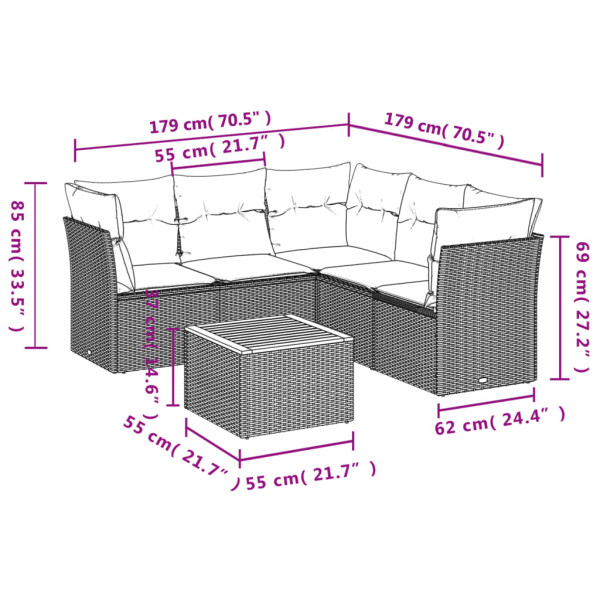 6 pcs conjunto sofás de jardim com almofadões vime cinzento M 3