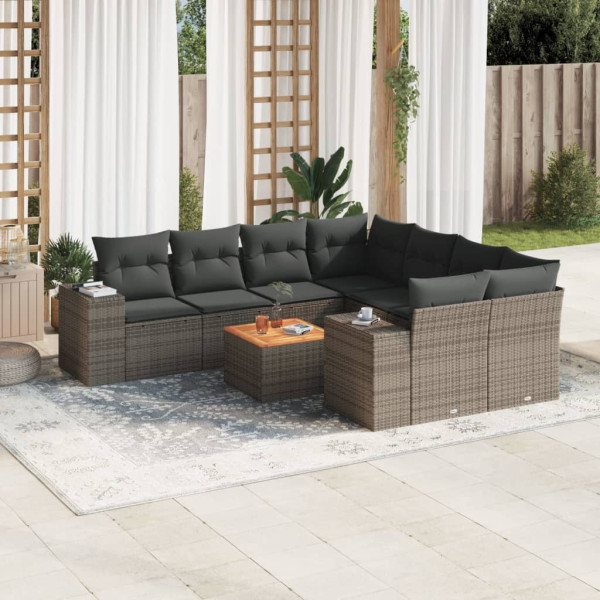 9 pcs conjunto sofás p/ jardim com almofadões vime PE cinzento D