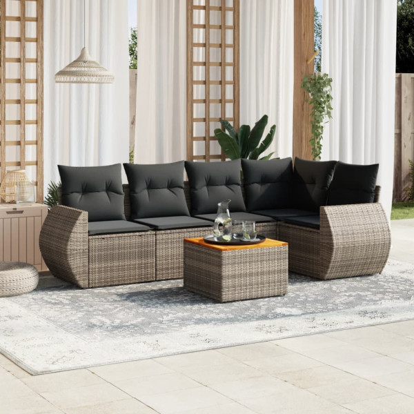 6 pcs conjunto sofás de jardim com almofadões vime cinzento D