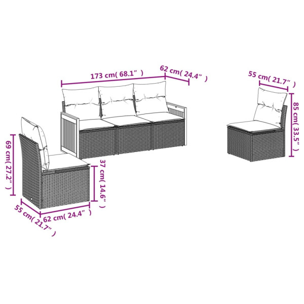 5 pcs conjunto sofás de jardim com almofadões vime PE preto M 3