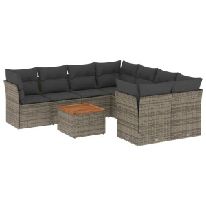 9 pcs conjunto sofás p/ jardim com almofadões vime PE cinzento H