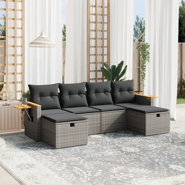 Set de muebles de jardín 6 pzas y cojines ratán sintético gris D