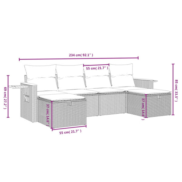 Set de muebles de jardín 6 pzas y cojines ratán sintético gris M 3