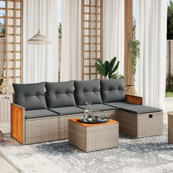6 pcs conjunto sofás de jardim com almofadões vime cinzento D
