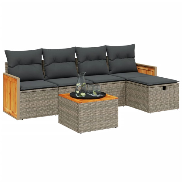 Set de muebles de jardín 6 pzas y cojines ratán sintético gris M 2