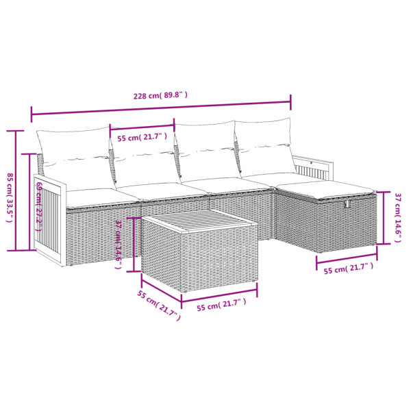 Set de muebles de jardín 6 pzas y cojines ratán sintético gris M 3