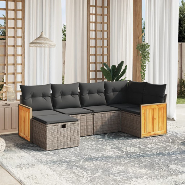 6 pcs conjunto sofás de jardim com almofadões vime cinzento D