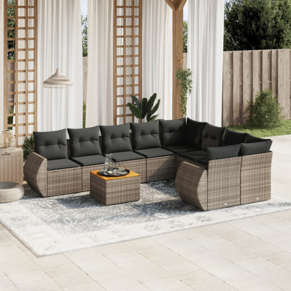 Set de muebles de jardín 9 pzas y cojines ratán sintético gris D