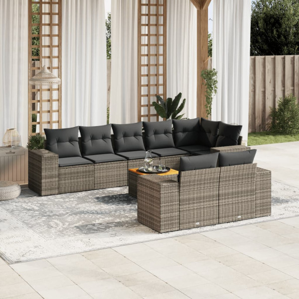 9 pcs conjunto sofás p/ jardim com almofadões vime PE cinzento D