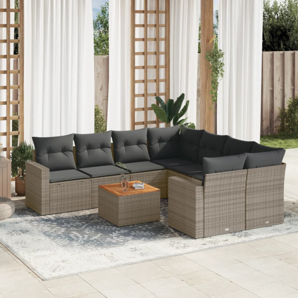 9 pcs conjunto sofás p/ jardim com almofadões vime PE cinzento D