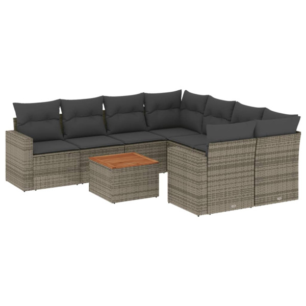 Set de muebles de jardín 9 pzas y cojines ratán sintético gris M 2