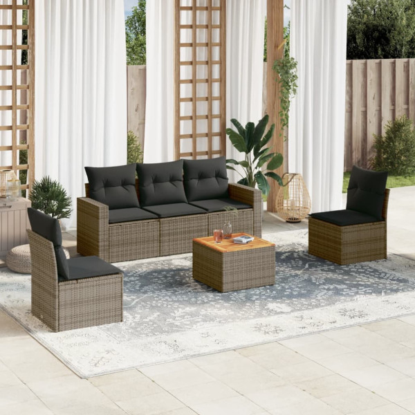 6 pcs conjunto sofás de jardim com almofadões vime cinzento D