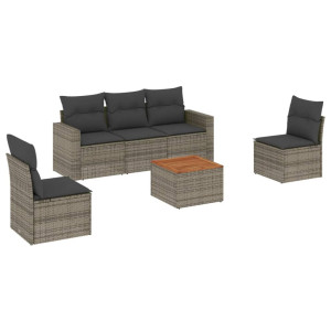 Set de muebles de jardín 6 pzas y cojines ratán sintético gris H