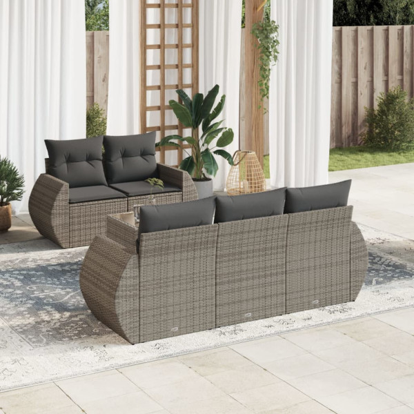 Set de muebles de jardín 6 pzas y cojines ratán sintético gris D