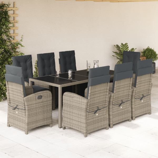 Set comedor jardín 9 pzas y cojines ratán sintético gris D