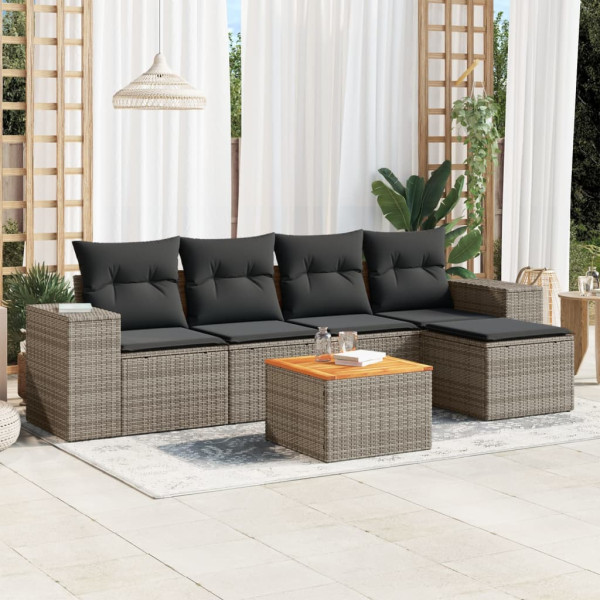 6 pcs conjunto sofás de jardim com almofadões vime cinzento D