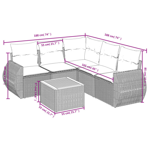 Set de muebles de jardín 6 pzas y cojines ratán sintético gris M 3