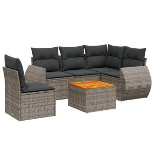 6 pcs conjunto sofás de jardim com almofadões vime cinzento H