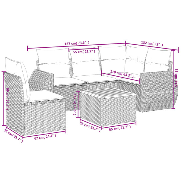 6 pcs conjunto sofás de jardim com almofadões vime cinzento M 3