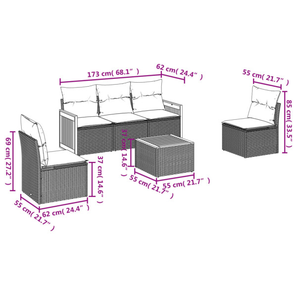 6 pcs conjunto sofás de jardim com almofadões vime cinzento M 3
