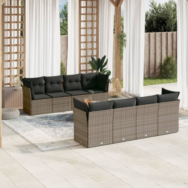 9 pcs conjunto sofás p/ jardim com almofadões vime PE cinzento D