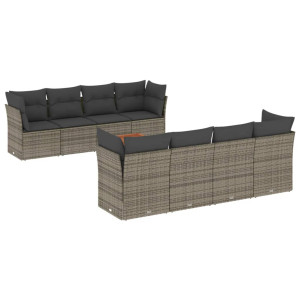 Set de muebles de jardín 9 pzas y cojines ratán sintético gris H