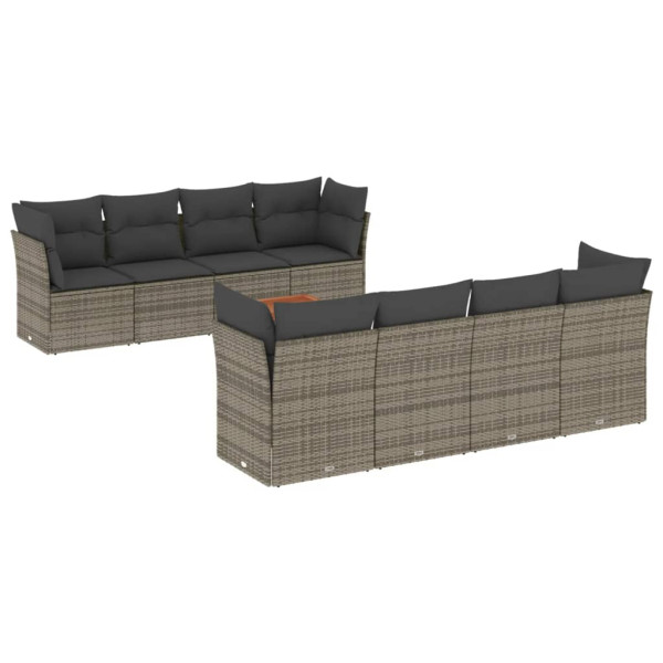 Set de muebles de jardín 9 pzas y cojines ratán sintético gris M 2