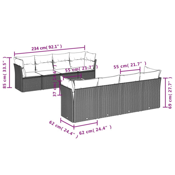 Set de muebles de jardín 9 pzas y cojines ratán sintético gris M 3