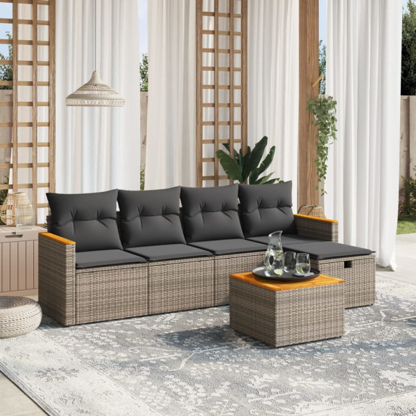 Set de muebles de jardín 6 pzas y cojines ratán sintético gris D