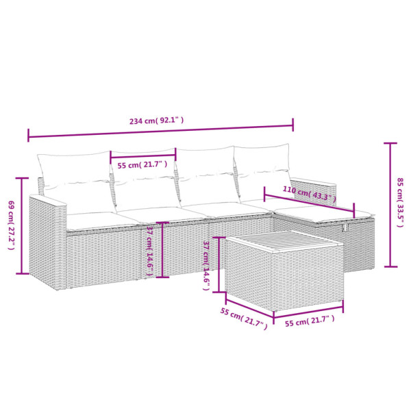 6 pcs conjunto sofás de jardim com almofadões vime cinzento M 3