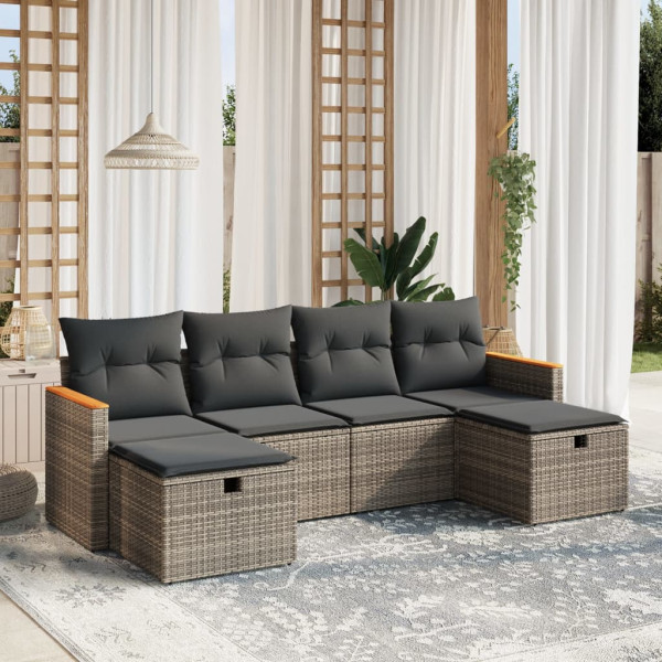 Set de muebles de jardín 6 pzas y cojines ratán sintético gris D