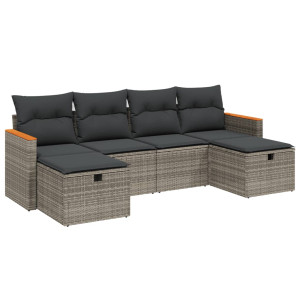 6 pcs conjunto sofás de jardim com almofadões vime cinzento H