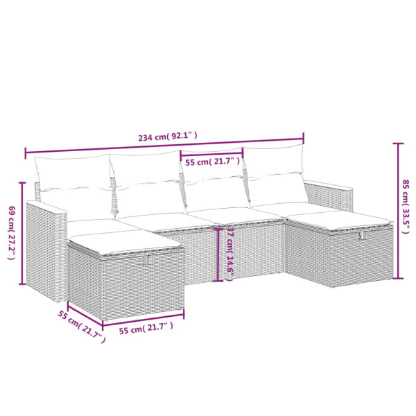 6 pcs conjunto sofás de jardim com almofadões vime cinzento M 3